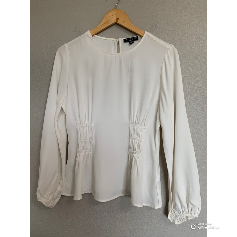 J Crew Size 8 Ivory Shirred Waist Blouse Top in Viscose Crepe Long Sleeve NWT - Picture 3 of 17